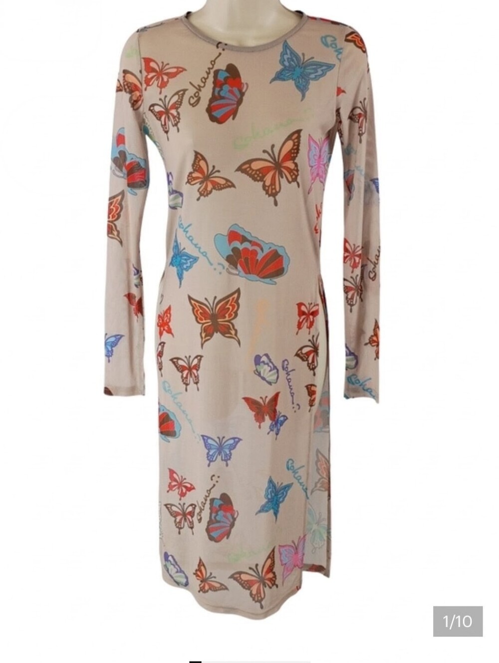 Sohana Beige Long-Sleeve Semi Sheer Butterfly Print Cover Up Dress